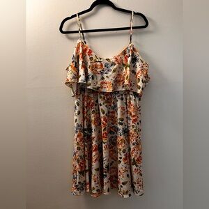 SHEIN Cold Shoulder Floral Dress with Orange, Blue & Green Accents.